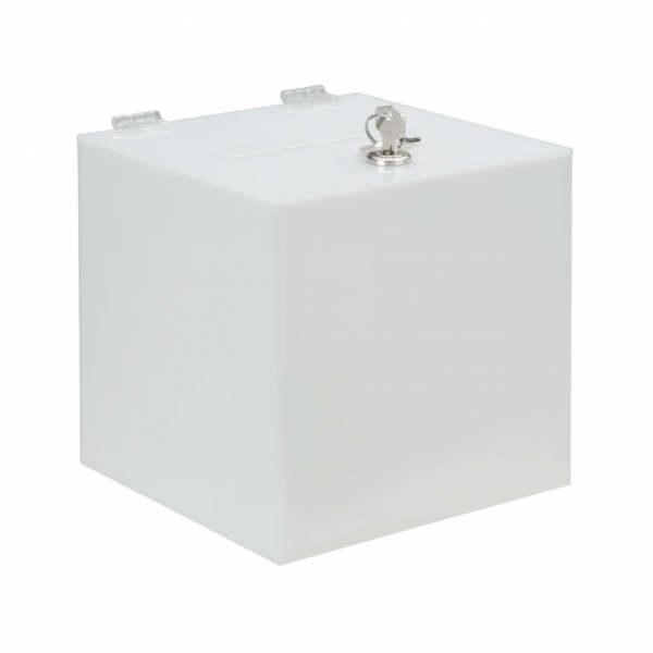 Urna cubica plexiglas alb 10x10cm